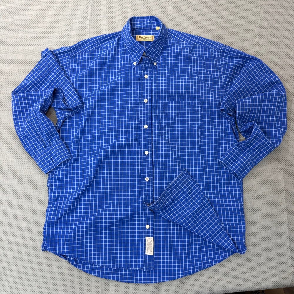 Paul Stuart Button Down Men L Blue Windowpane Grid Long Sleeve Made USA Preppy